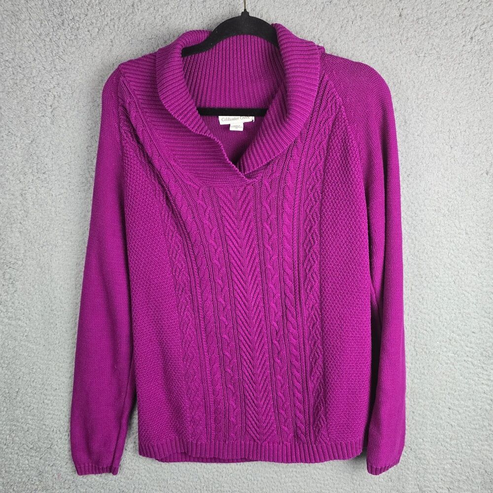 Coldwater Creek Sweater Womens L Pink Cable Knit Surplice Colorful Cotten Blend